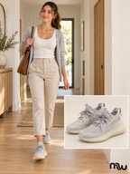 Adult female model wearing Off-Duty Knit Trainers, with Moussewear logo and shoe close-up