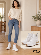 Adult female model wearing Higher Ground Platform High-Tops, with Moussewear logo and shoe close-up