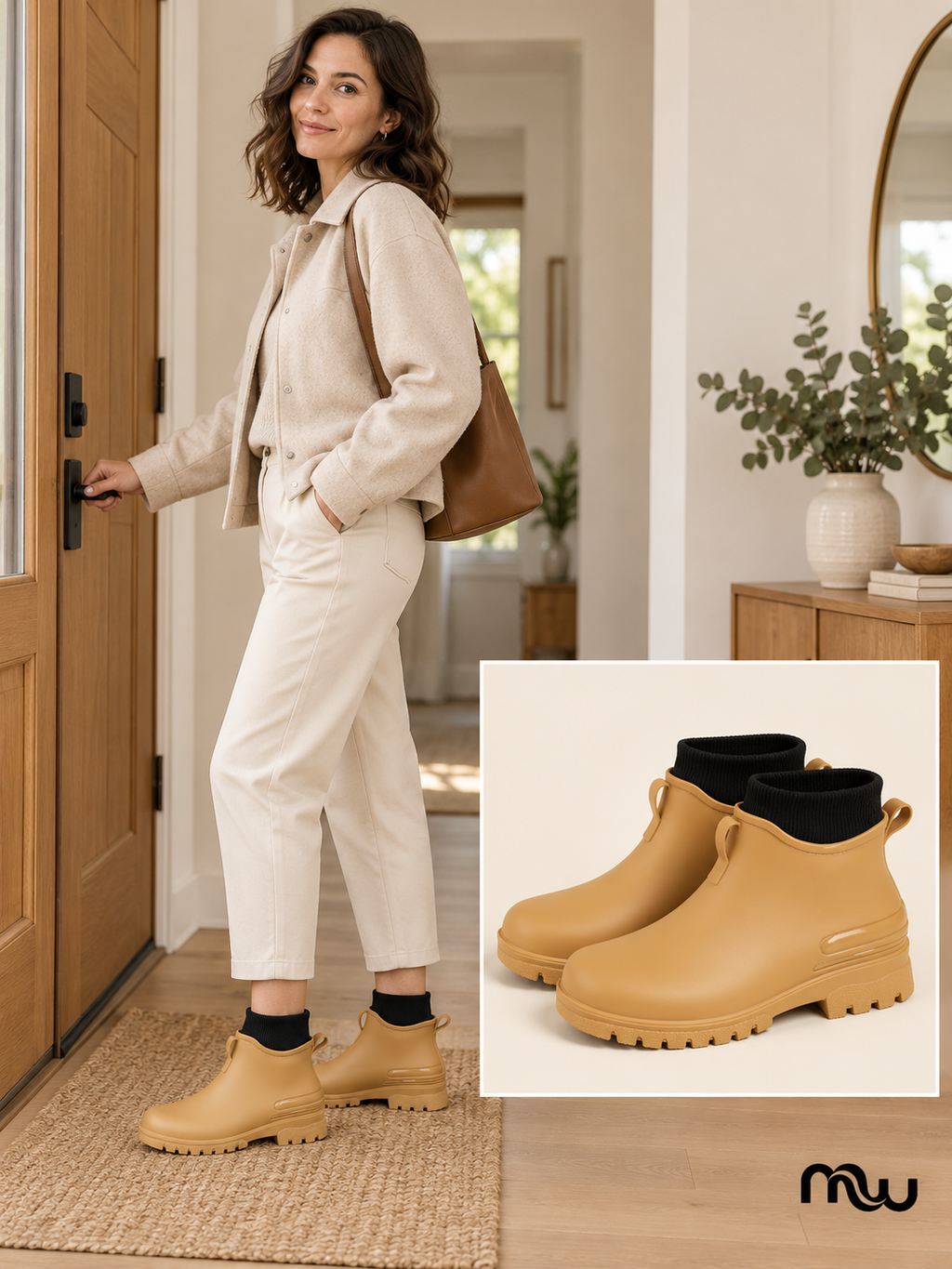 Adult female model wearing Rainy Day Ankle Boots, with Moussewear logo and shoe close-up