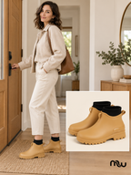 Adult female model wearing Rainy Day Ankle Boots, with Moussewear logo and shoe close-up