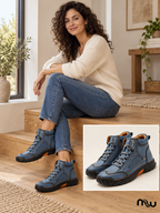 Adult female model wearing Blue Horizon Lace-Up Ankle Boots, with Moussewear logo and shoe close-up