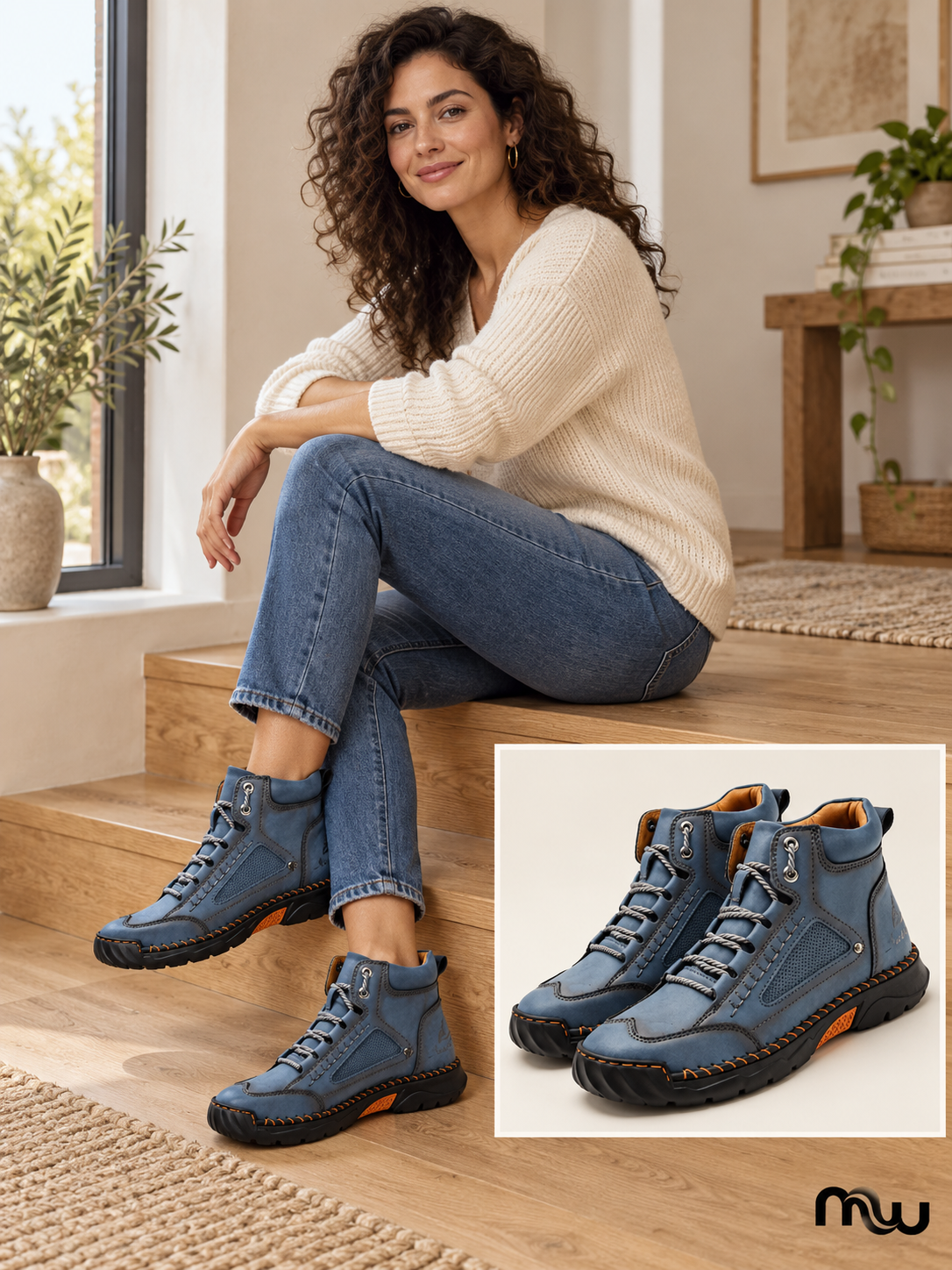 Adult female model wearing Blue Horizon Lace-Up Ankle Boots, with Moussewear logo and shoe close-up