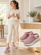 Adult female model wearing Breezy Days Knit Clogs, with Moussewear logo and shoe close-up