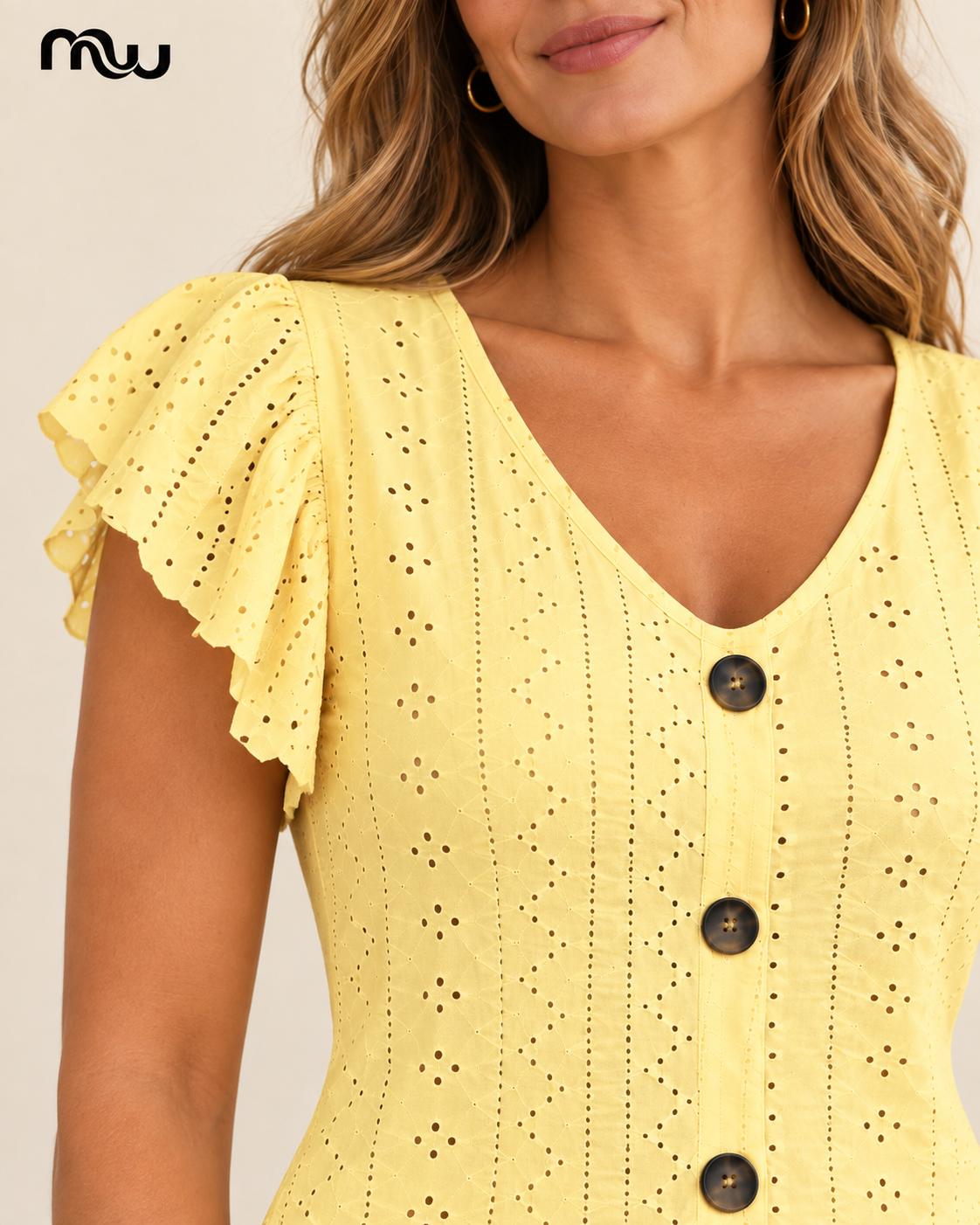 Hello Sunshine Flutter-Sleeve Top — female model presentation — detail — MW