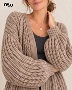Diva Balloon-Sleeve Cardigan — female model presentation — detail — MW