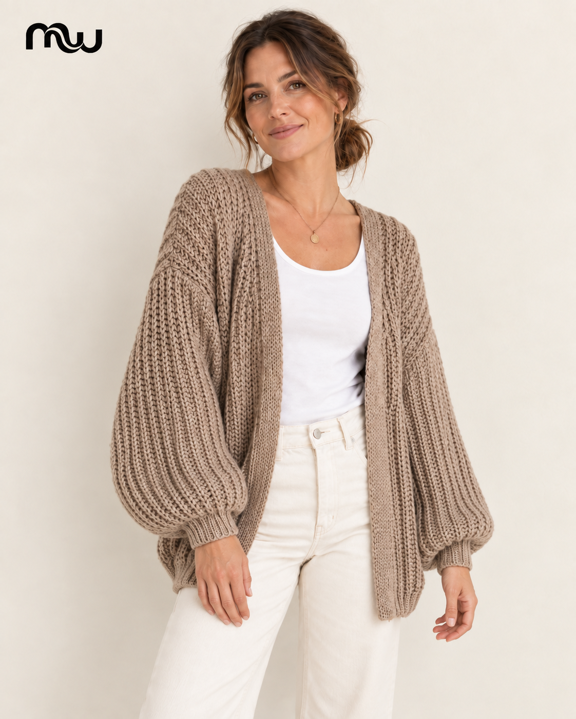 Diva Balloon-Sleeve Cardigan — female model presentation — lifestyle — MW