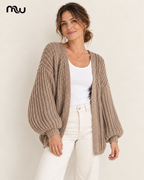 Diva Balloon-Sleeve Cardigan — female model presentation — lifestyle — MW