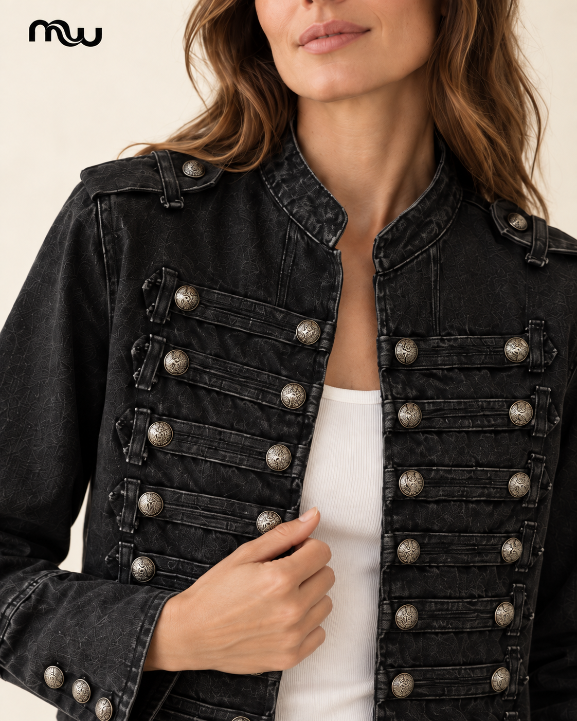 Rockstar Washed Button Jacket — female model presentation — detail — MW