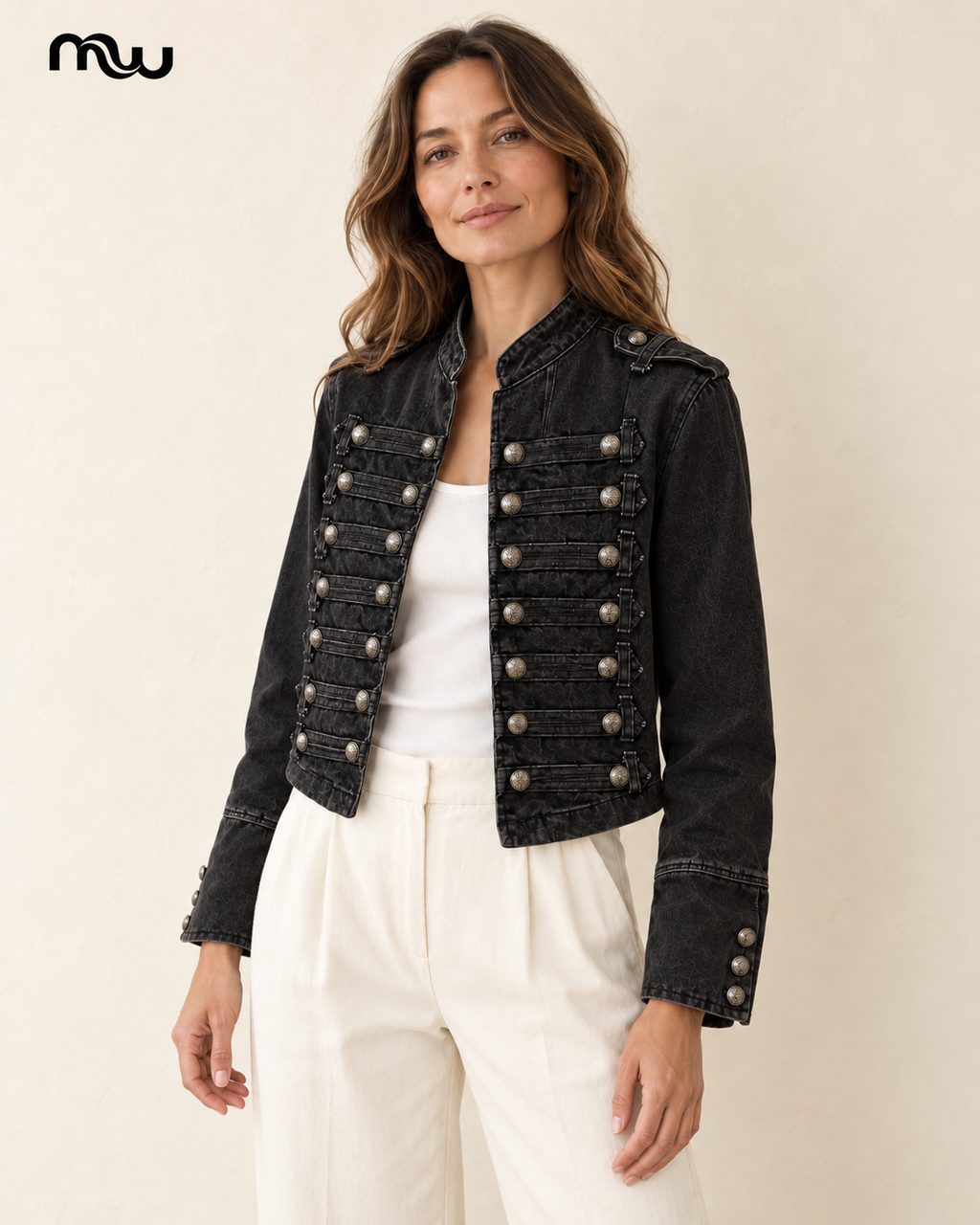 Rockstar Washed Button Jacket — female model presentation — lifestyle — MW