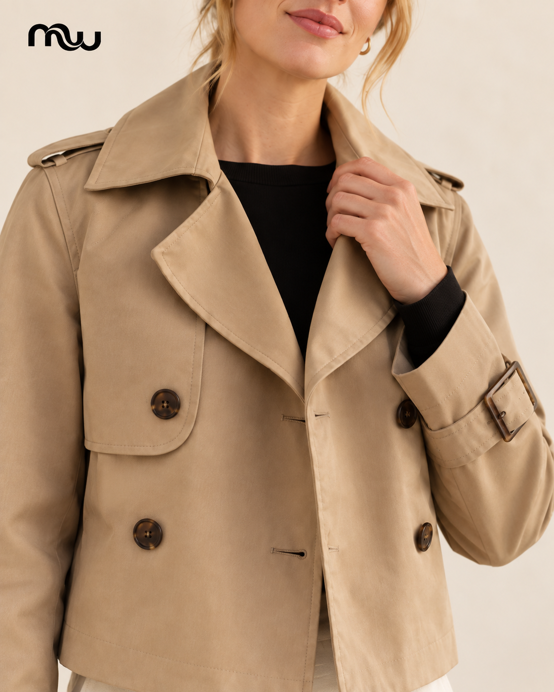 Spy Cropped Trench — female model presentation — detail — MW