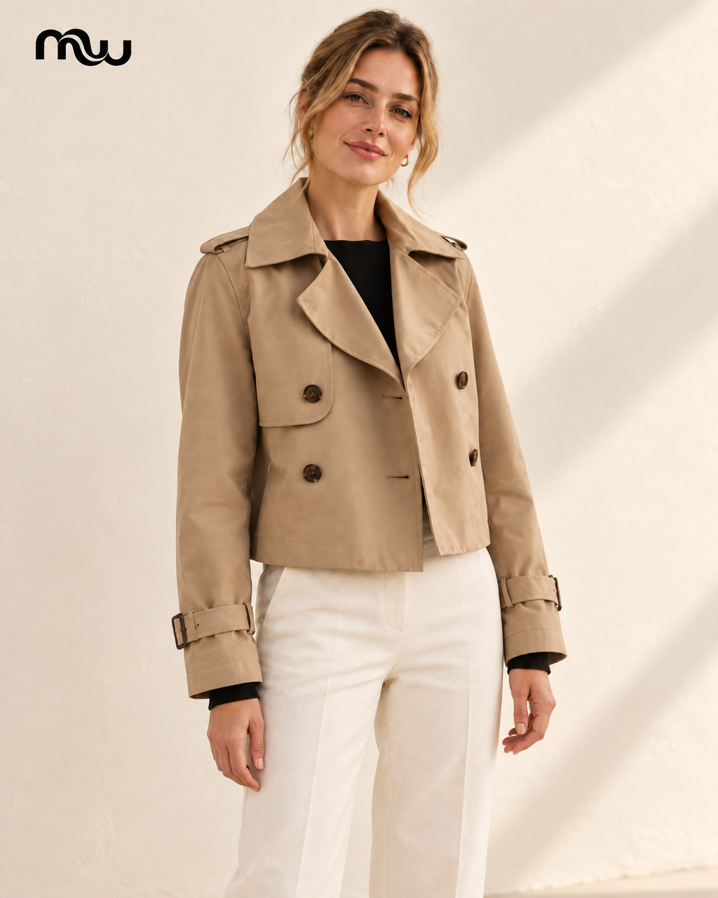 Spy Cropped Trench — female model presentation — lifestyle — MW