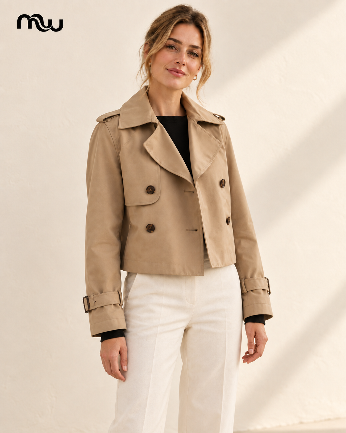 Spy Cropped Trench — female model presentation — lifestyle — MW