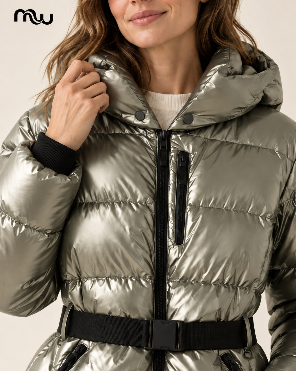 Hourglass Belted Puffer Jacket — female model presentation — detail — MW
