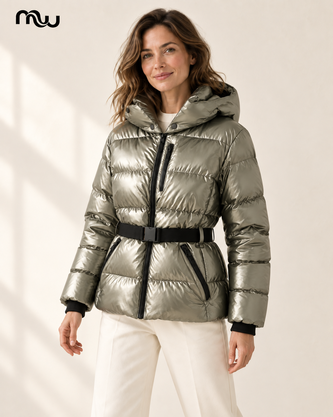 Hourglass Belted Puffer Jacket — female model presentation — lifestyle — MW