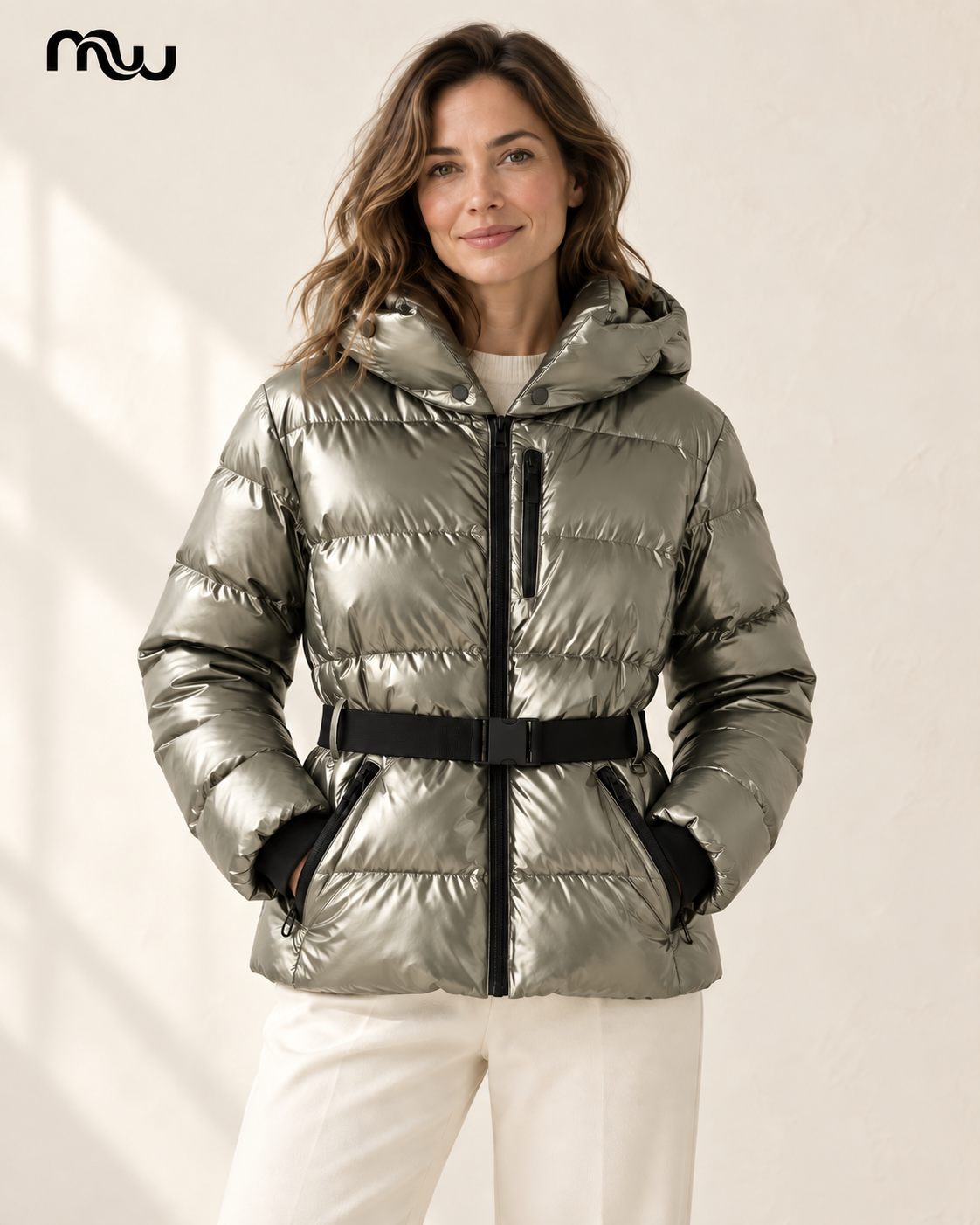 Hourglass Belted Puffer Jacket — female model presentation — primary — MW