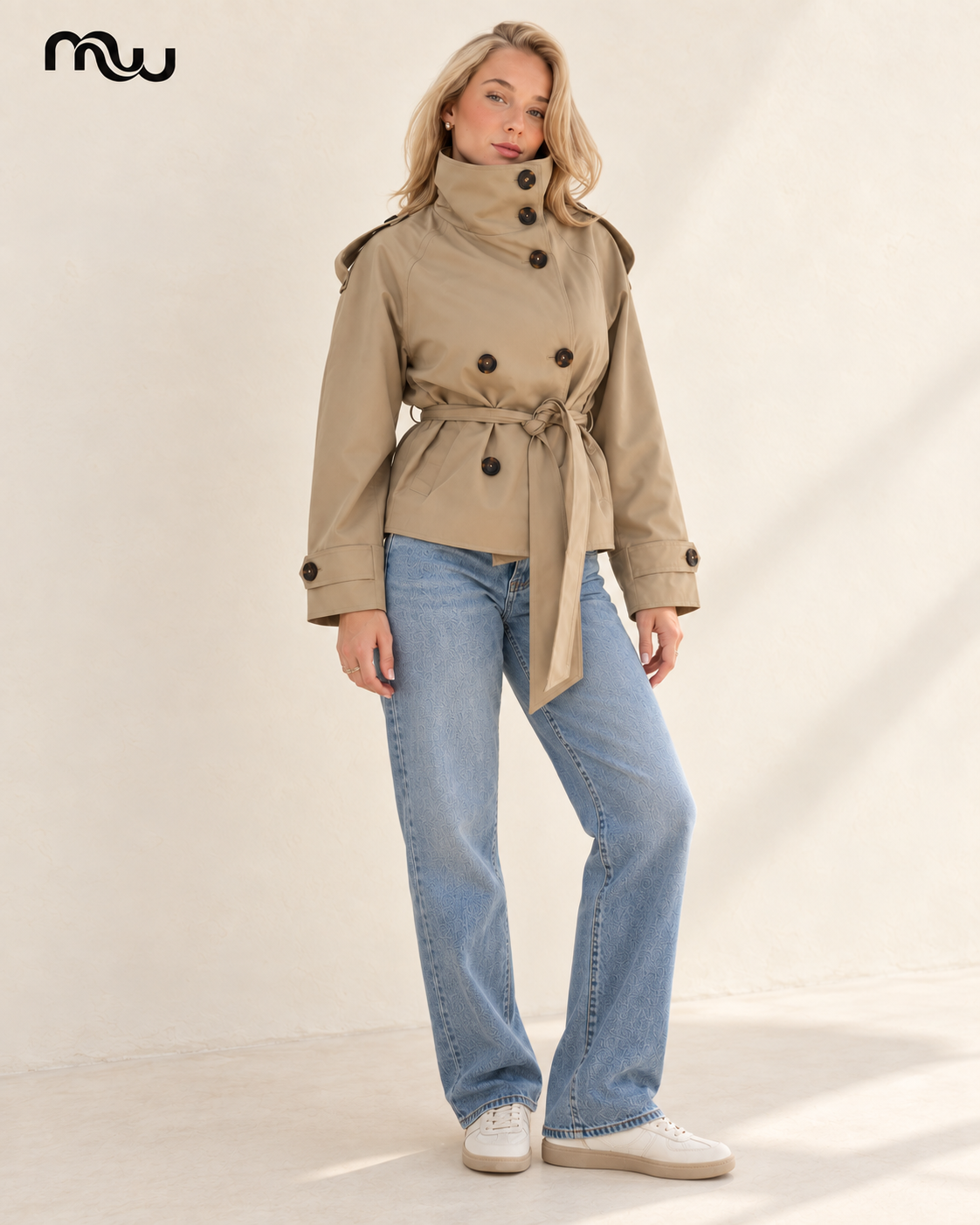 Femme Fatale Belted Short Trench — female model presentation — lifestyle — MW