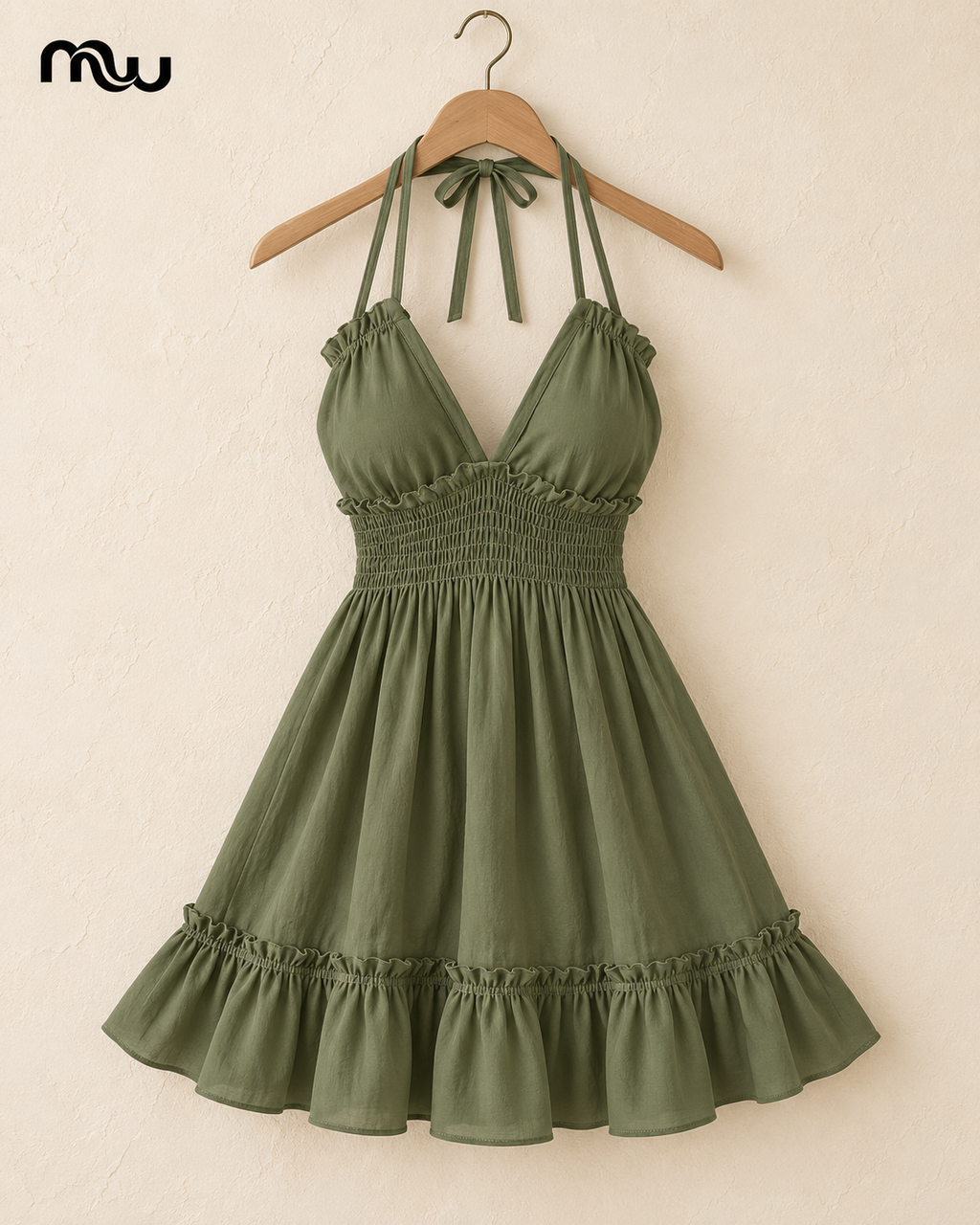 Olive green Summer Crush halter mini dress with smocked waist and ruffled hem, displayed on a hanger with the mw logo.