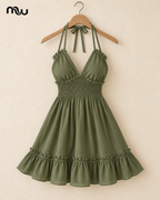 Olive green Summer Crush halter mini dress with smocked waist and ruffled hem, displayed on a hanger with the mw logo.