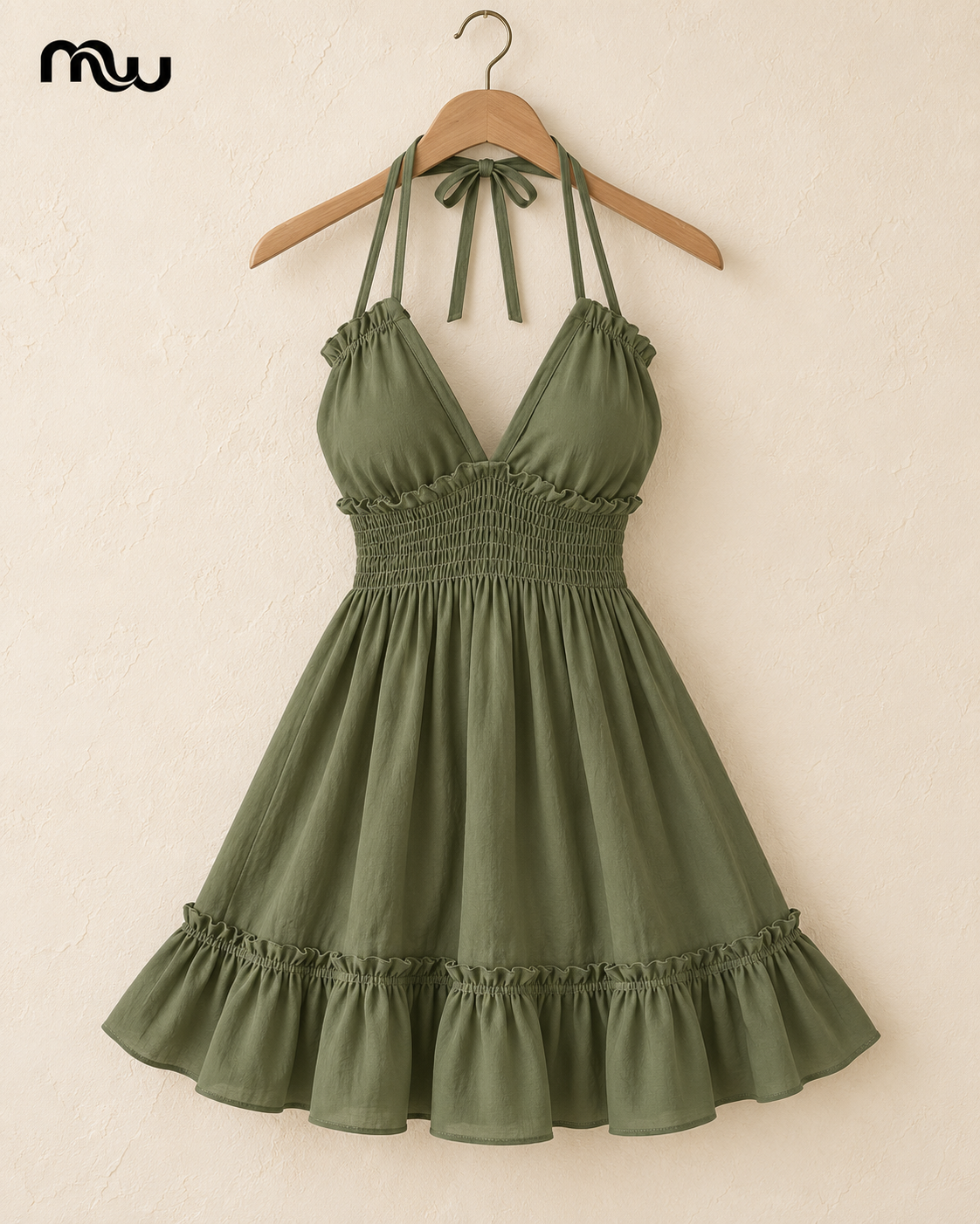 Olive green Summer Crush halter mini dress with smocked waist and ruffled hem, displayed on a hanger with the mw logo.