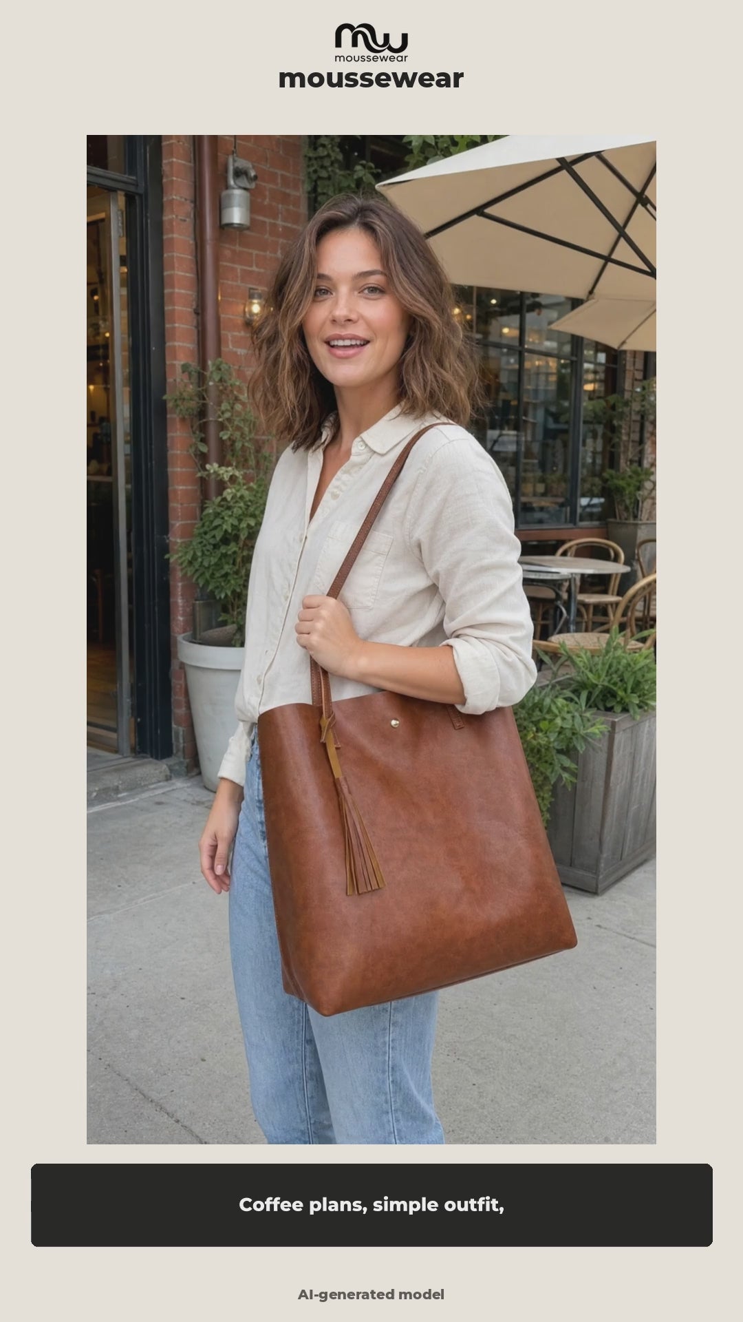 moussewear Shopaholic Tassel Shopper Tote UGC video 1 — AI-generated adult model, brand voice and captions