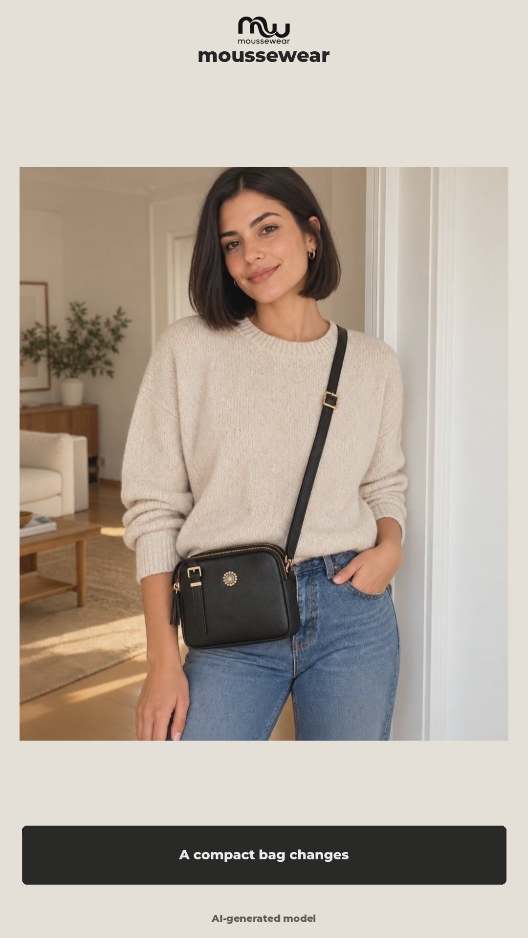 moussewear Snapshot Square Crossbody Bag UGC video 1 — AI-generated adult model, brand voice and captions